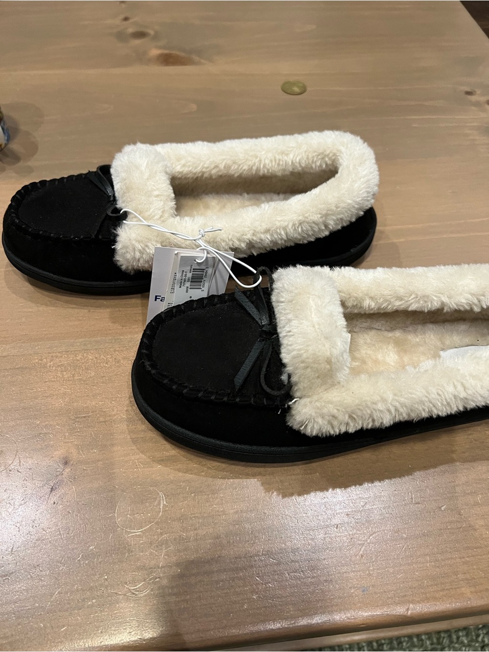 Black Faux Suede Moccasin Slippers with Cream Faux Fur Trim